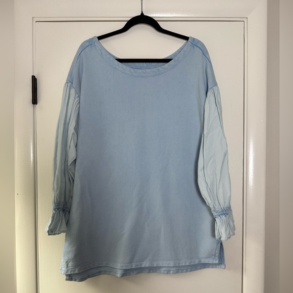Anthropologie Pilcro Puff Sleeve Mixed Media Top Ice Pale Blue Cotton Size Large - Picture 4 of 10